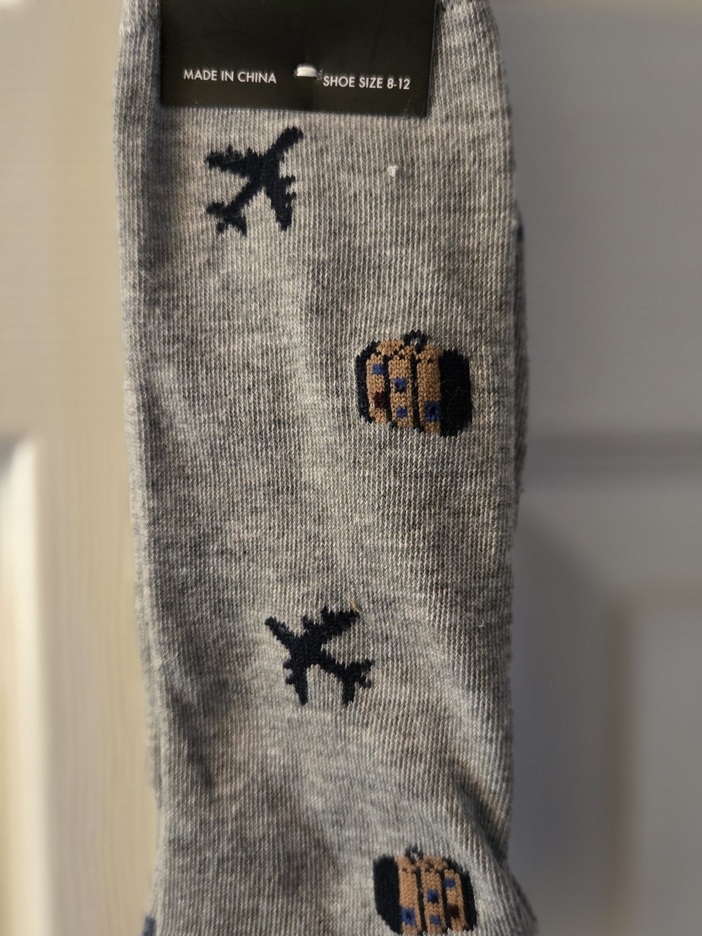 Jos. A. Bank Grey Travel-Print No-Show Socks with Navy Planes and Brown Luggage